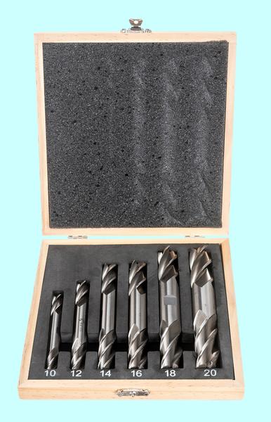 Набор Фрез концевых 2-х  сторонних по металлу из  6шт. (d10, 12, 14, 16, 18, 20мм Z=4) Р18 в деревянном футляре "CNIC"