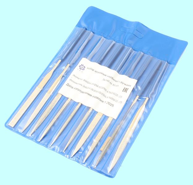 Набор надфилей алмазных из 10шт. L140х3 с обрезиненными ручками "TLX"